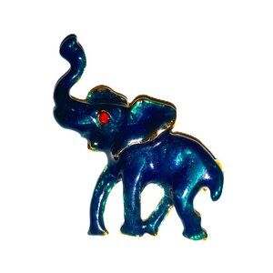 Elephant Broach Trunk Up Turquoise Gold Tone Ruby Red Accent Stone Eye Vintage